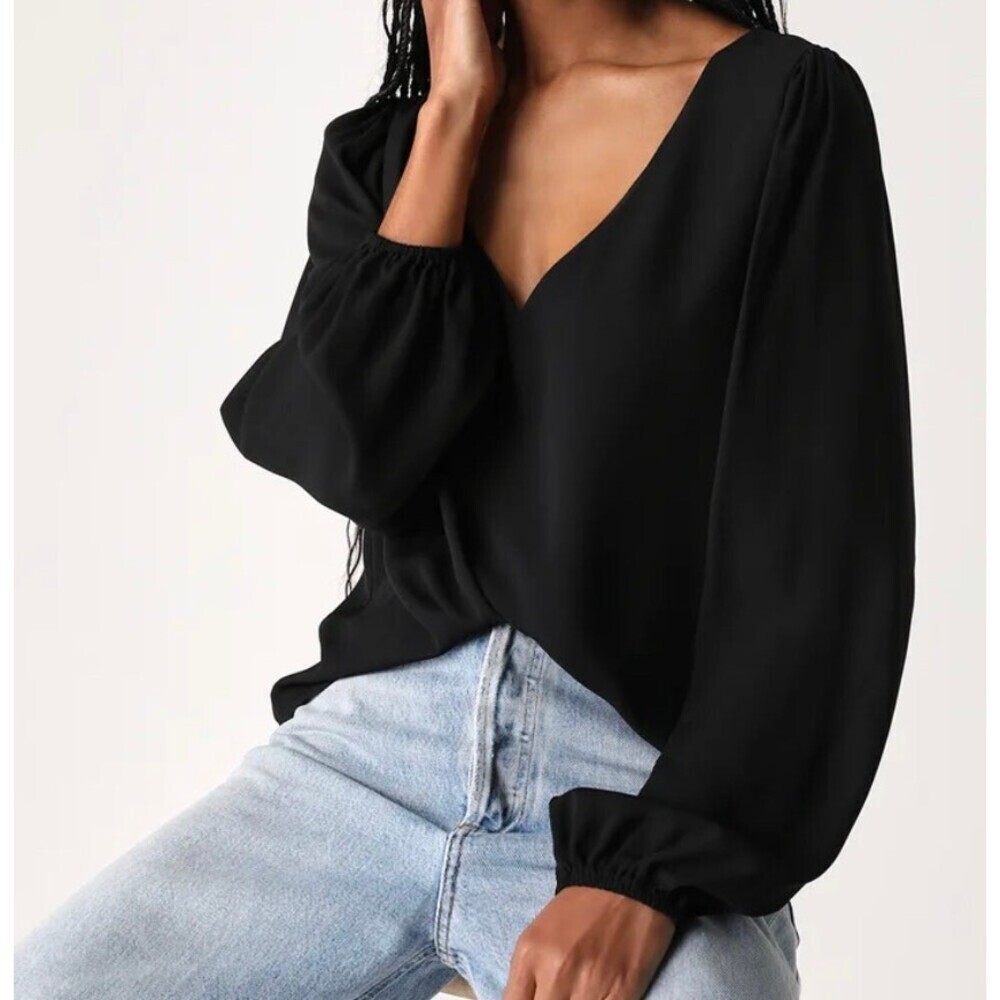 LuLu's Stylish and Sincere Black Long Sleeve V-Neck Top blouse wide sleeve SZ SM